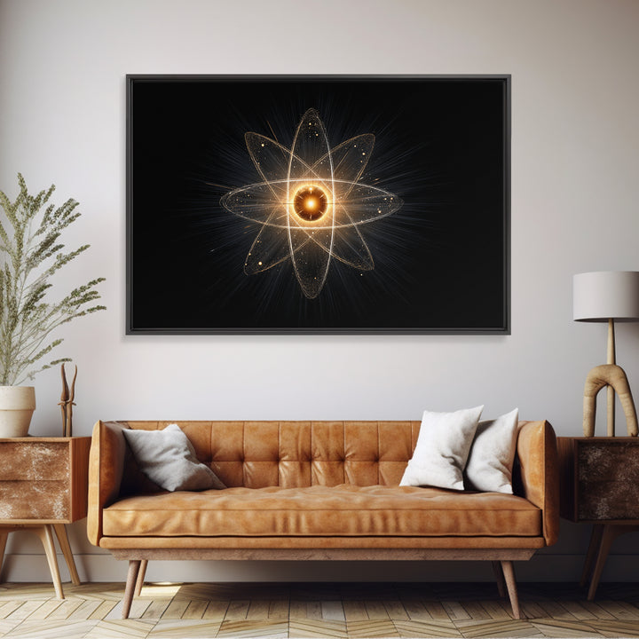 Glowing Atomic Starburst Orbit Wall Art, Midcentury Modern Science Poster, Black Gold Abstract Art Print, Retro Space Decor