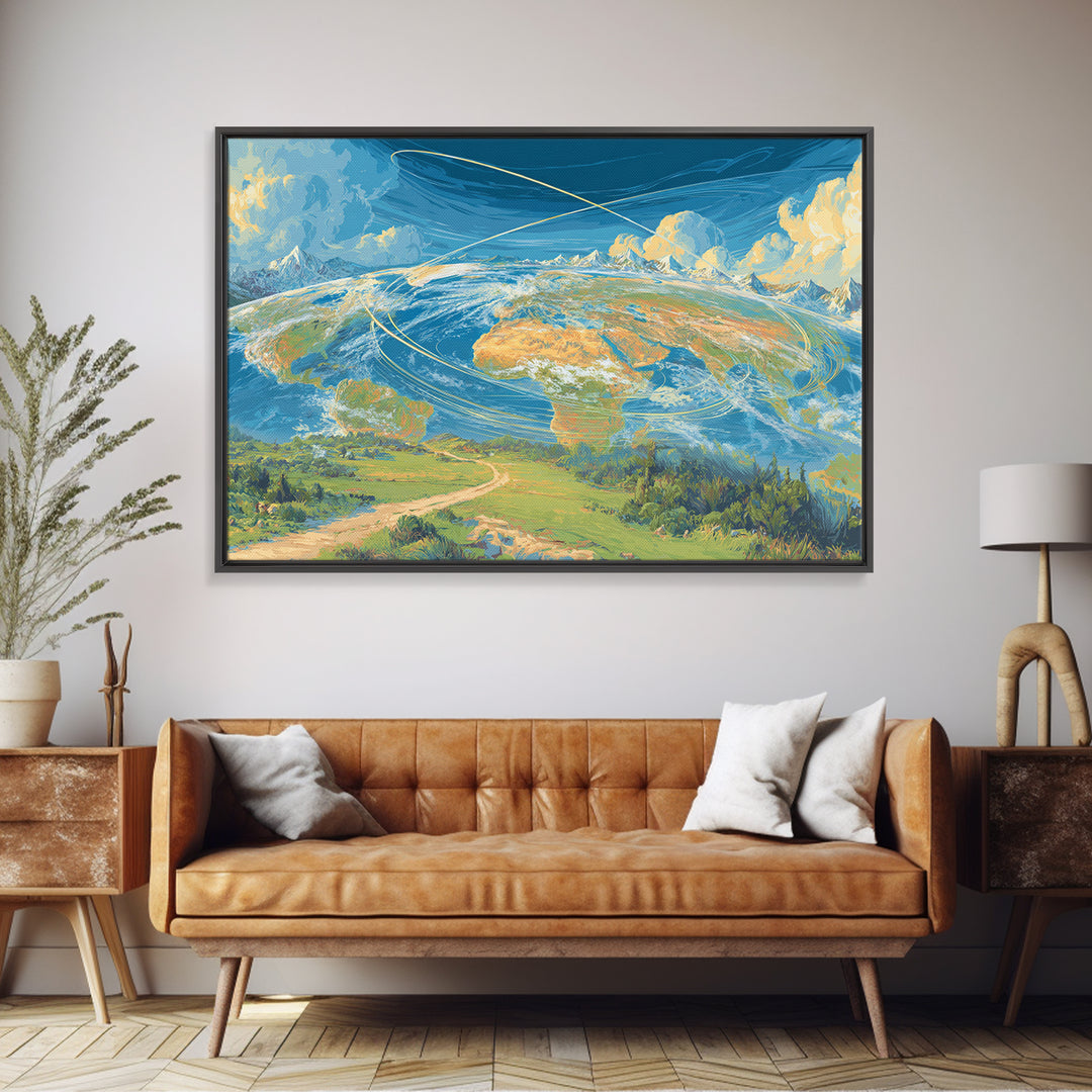 Painterly Earth Orbit Wall Art, Scenic World Landscape Poster, Blue Sky Modern Art Print, Travel Inspired Home Office Decor