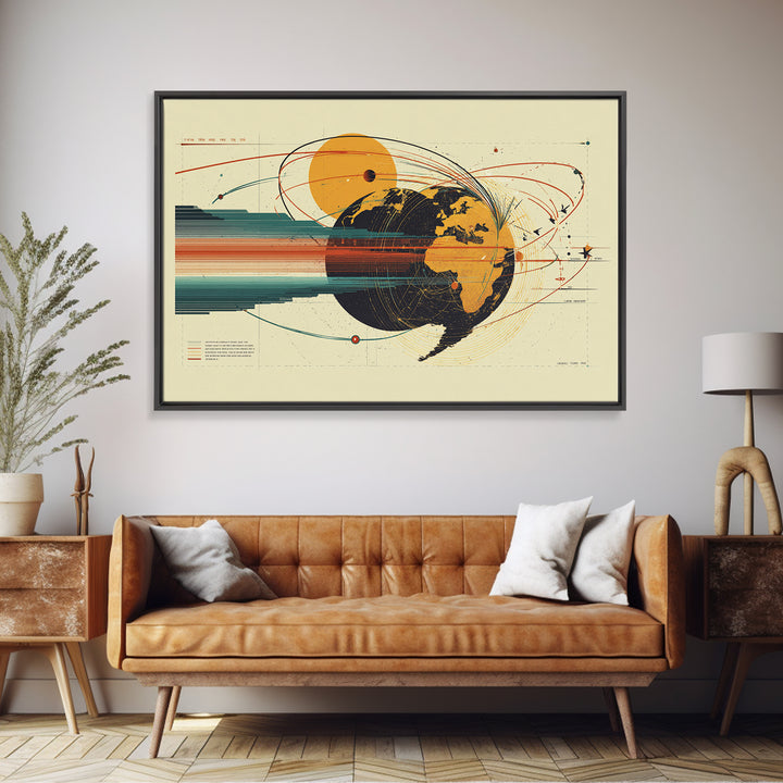 Retro Globe Orbit Wall Art, Midcentury Modern Map Poster, Orange Sun Abstract Geometric Print, Stylish MCM Home Office Decor