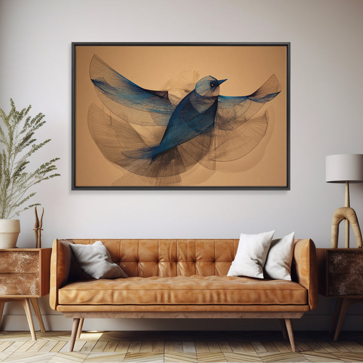 Blue Wire Bird Wall Art, Kinetic Sculpture Inspired Print, Midcentury Modern Abstract Animal Art, Minimalist Tan Home Decor