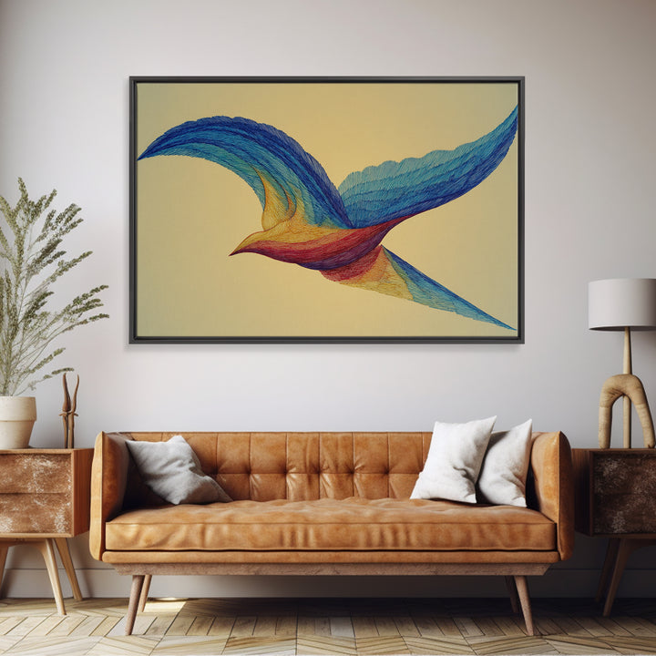 Rainbow Wire Bird Canvas Print, Flowing Kinetic Sculpture Art, Midcentury Modern Abstract Wall Art, Bright Colorful Home Decor