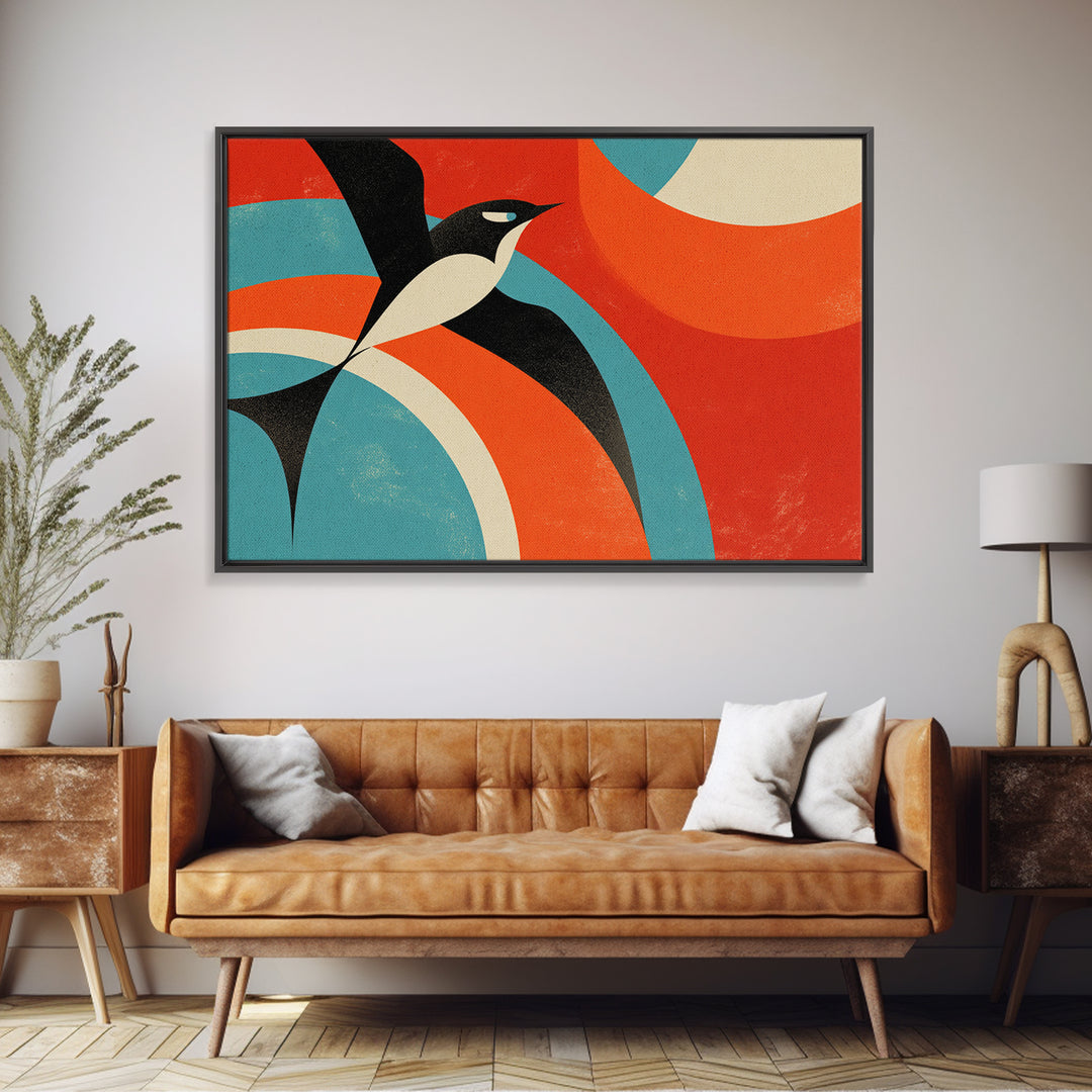 Modern Penguin Bird With Red Sun Canvas Print, Mid Century Modern Wall Decor, Retro Geometric Poster, Colorful Nursery Art