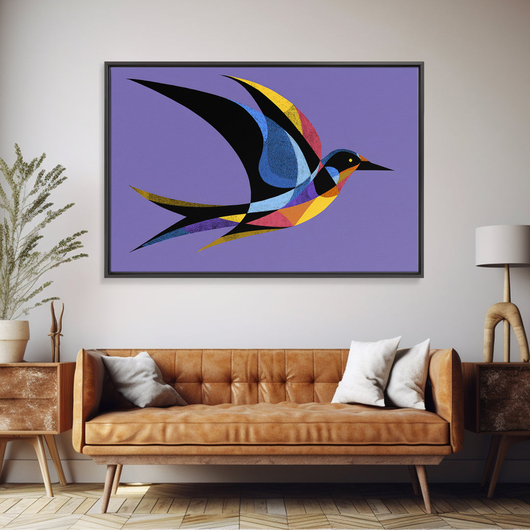 Colorful Swallow Bird On Purple Framed Canvas Print, Mid Century Modern Wall Art, Retro Atomic Decor, Geometric Art Print