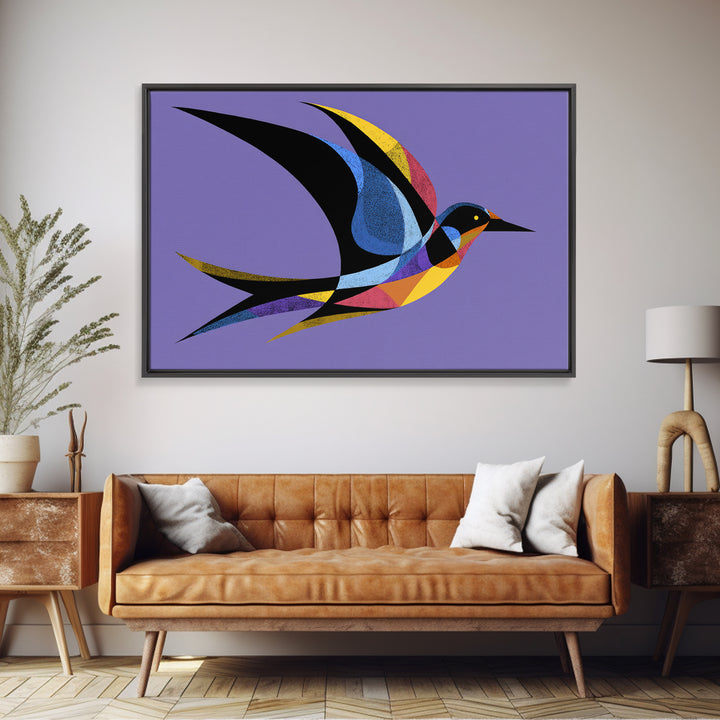 Colorful Swallow Bird On Purple Framed Canvas Print, Mid Century Modern Wall Art, Retro Atomic Decor, Geometric Art Print