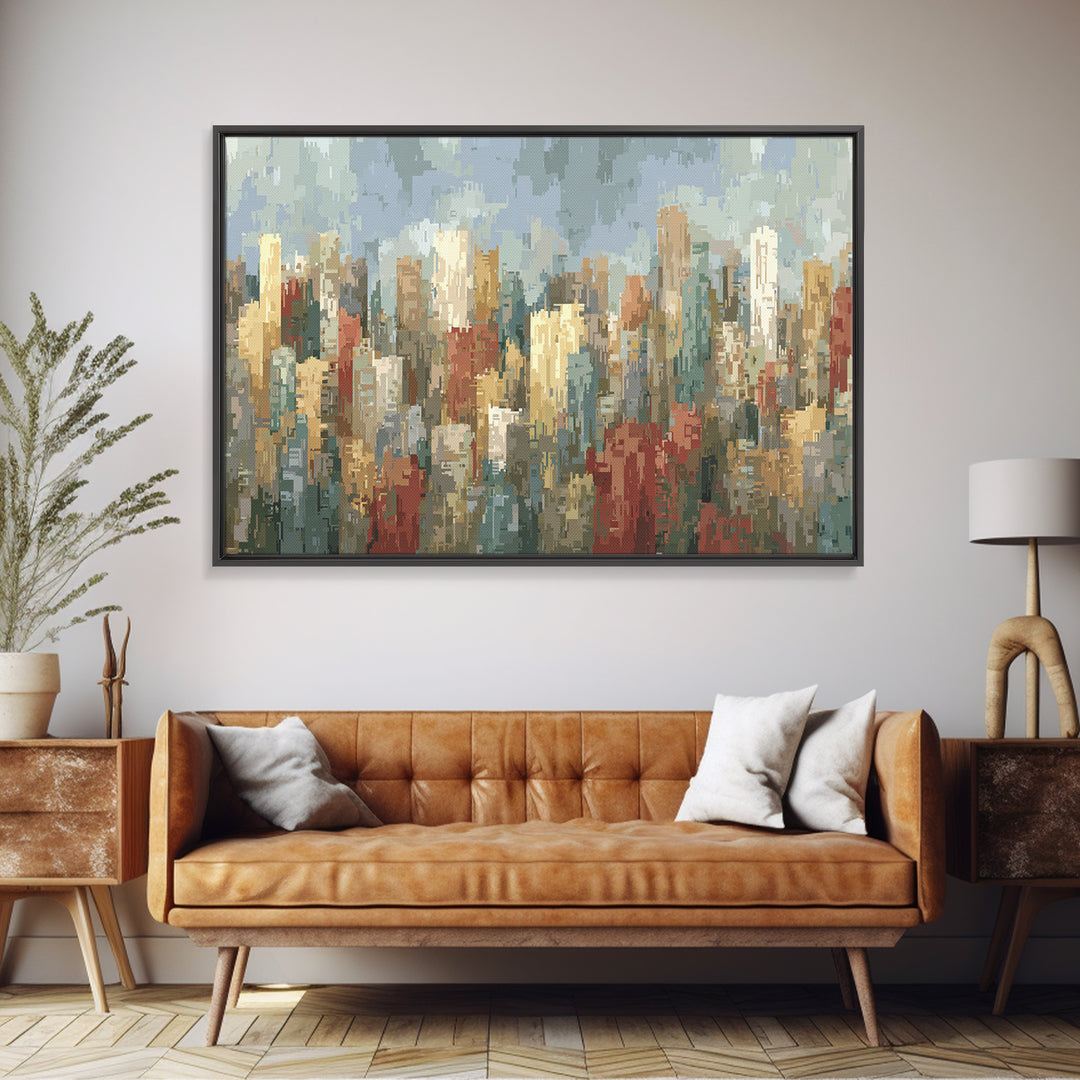 Rainy Impressionist City Skyline Framed Canvas Print, Modern Wall Art, Urban Landscape Decor, Office Poster, Soft Abstract Art