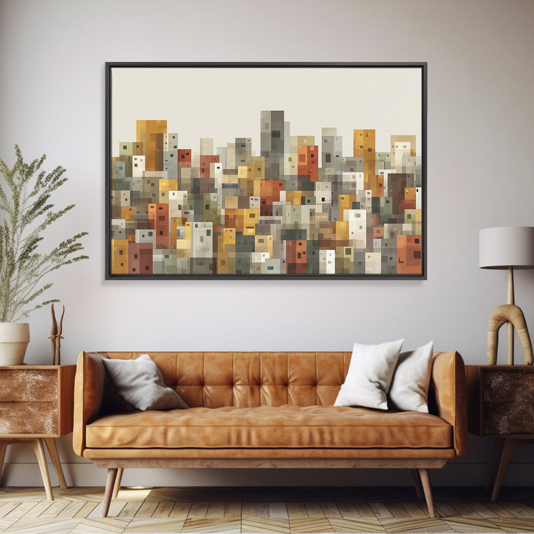Whimsical Cubist City Blocks Canvas Print, Mid Century Modern Wall Art, Geometric Buildings Decor, Kids Room Cityscape Poster