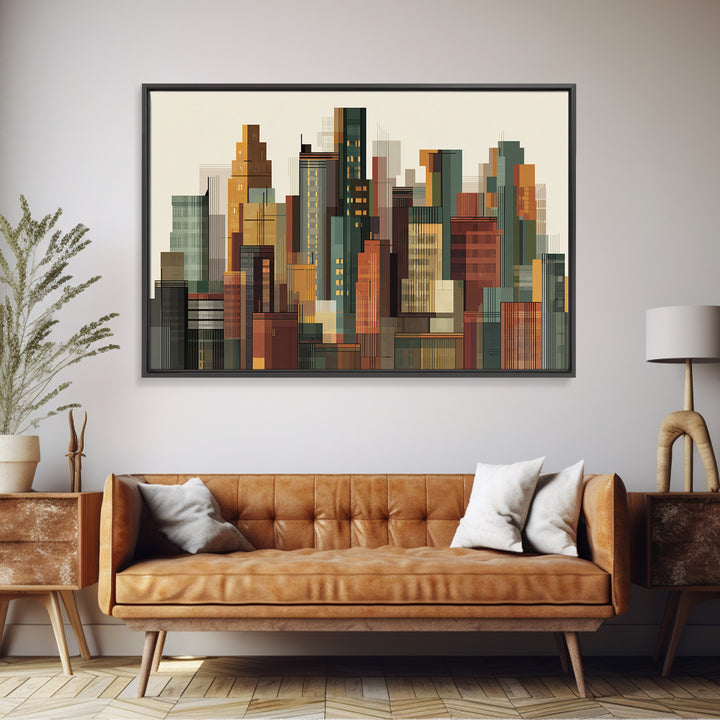 Architectural City Skyline Wall Art, Mid Century Modern Urban Decor, Geometric Building Print, MCM Office Poster, Warm Neutral