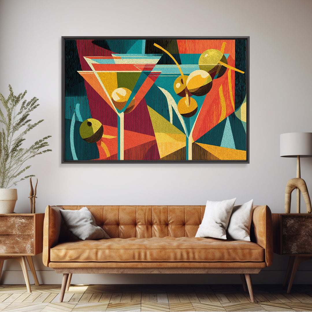 Retro Martini With Olives Canvas Print, Mid Century Modern Bar Cart Wall Art, Cocktail Decor, Colorful Geometric Kitchen Poster