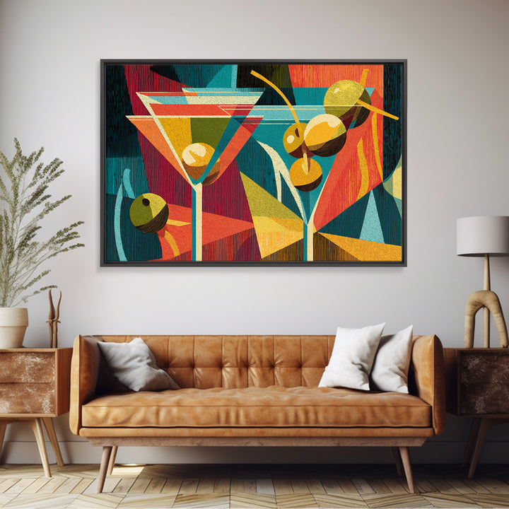 Retro Martini With Olives Canvas Print, Mid Century Modern Bar Cart Wall Art, Cocktail Decor, Colorful Geometric Kitchen Poster