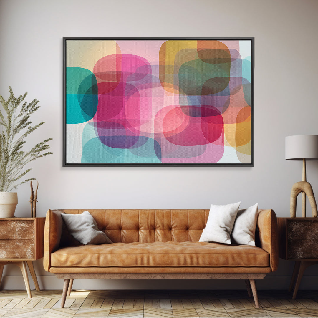 Colorful Translucent Rounded Rectangle Abstract Wall Art, Modern Geometric Art Print, Pink Teal Bauhaus Home Decor Poster