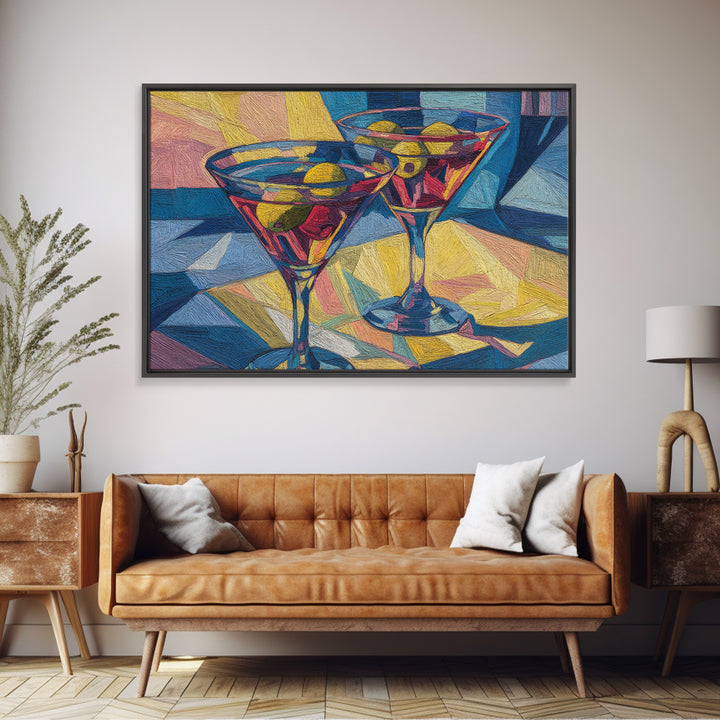 Cubist Martini Glasses With Olives Framed Canvas Print, Retro Cocktail Wall Art, Mid Century Modern Bar Cart Kitchen Decor