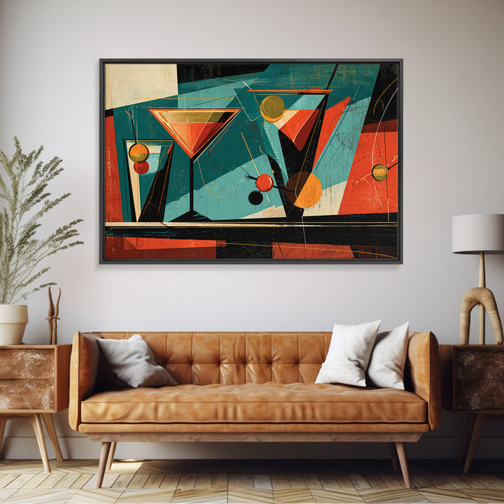 Teal Martini Glasses Abstract, Midcentury Modern Wall Art, Retro Cocktail Bar Poster, Colorful Geometric MCM Decor Print Gift