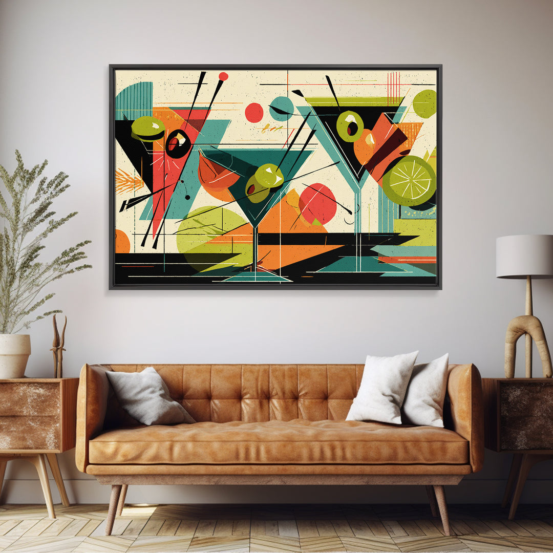 Olive Martini Glasses With Lime, Midcentury Modern Wall Art, Retro Cocktail Print, Atomic Bar Decor, Colorful MCM Poster
