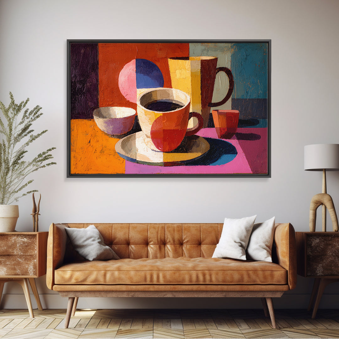 Cubist Coffee Cups Still Life, Framed Canvas Print, Midcentury Kitchen Art, Retro Coffee Poster, Colorful Home Decor Print