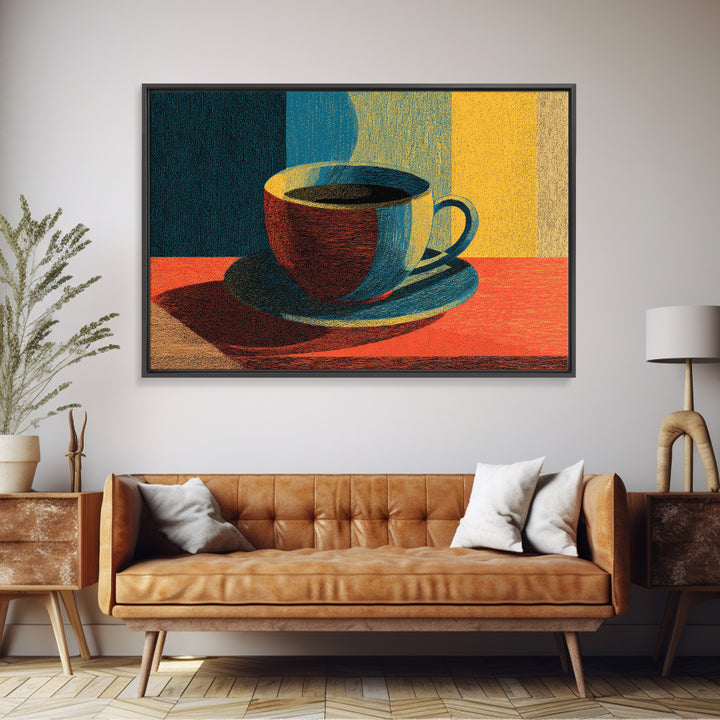 Sunlit Coffee Cup Still Life, Canvas Print, Midcentury Modern Art, Retro Kitchen Poster, Warm Orange Blue Wall Decor Print