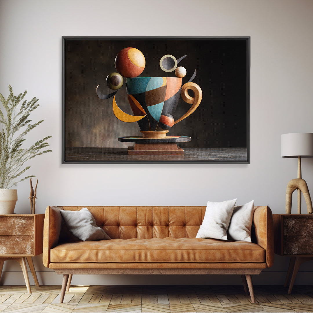 Geometric Sculptural Teacup Still Life, Framed Canvas Print, Midcentury Modern Artwork, Abstract Coffee Decor Statement Piece
