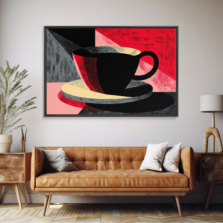 Black Coffee Cup On Pink Red Abstract, Wall Art, Modern Kitchen Poster, Retro Cafe Print, Bold Geometric Home Decor Gift