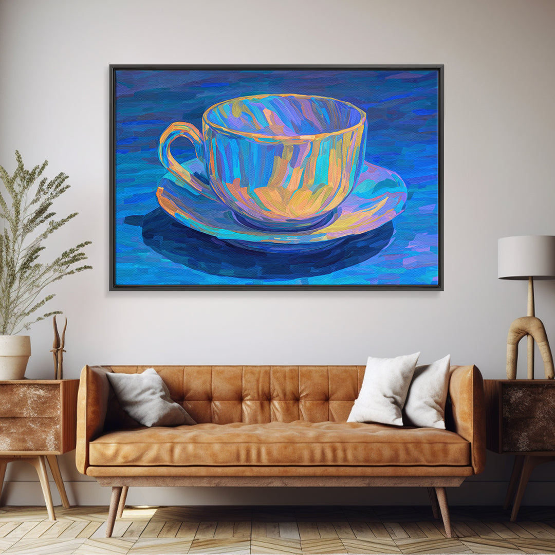 Iridescent Blue Teacup Still Life, Canvas Print, Colorful Modern Art Print, Painterly Cafe Decor, Vibrant Kitchen Wall Art