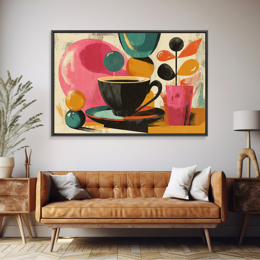 Black Coffee Cup With Pink Circles, Midcentury Modern Wall Art, Retro Cafe Poster, Abstract Botanical Shapes Home Decor Print