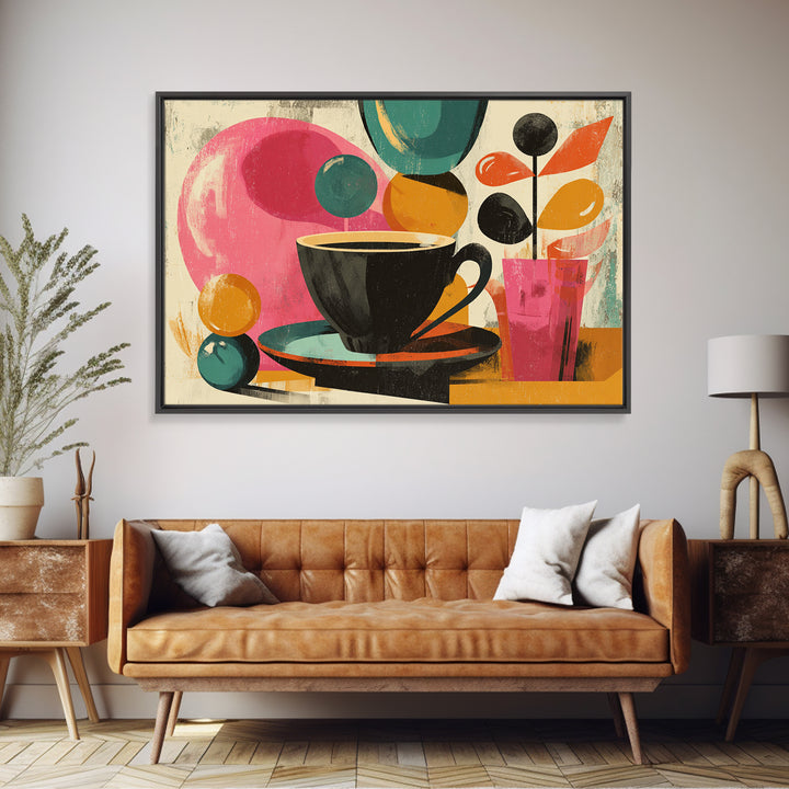 Black Coffee Cup With Pink Circles, Midcentury Modern Wall Art, Retro Cafe Poster, Abstract Botanical Shapes Home Decor Print