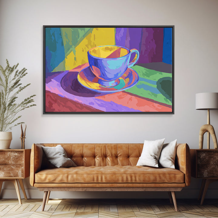 Rainbow Blue Teacup Still Life, Framed Canvas Print, Colorful Modern Wall Art, Retro Kitchen Poster, Bright Home Decor Gift