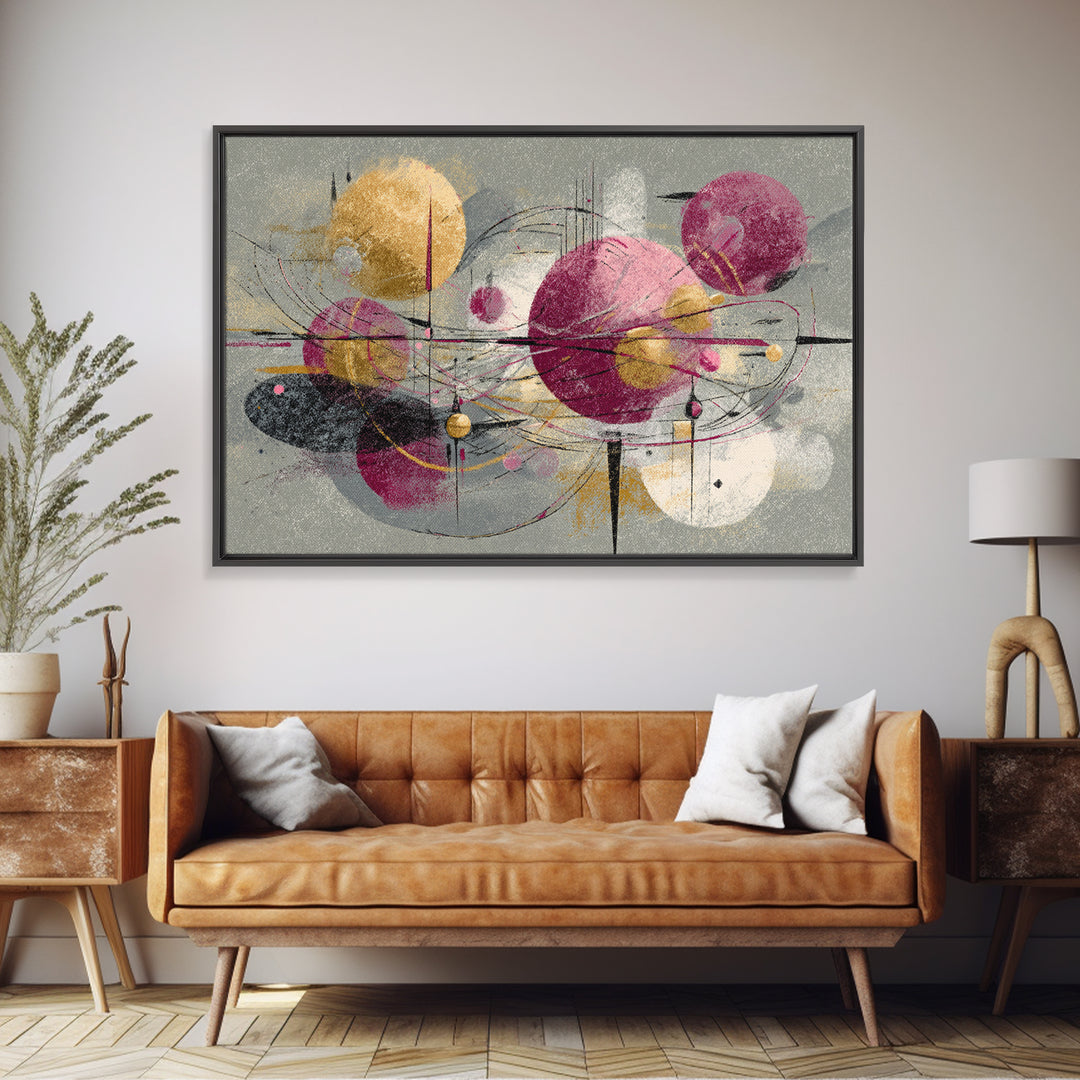 Magenta Gold Atomic Orbits Abstract Wall Art, Midcentury Modern Art Print, Retro Geometric Decor, Bold MCM Wall Decor Prints