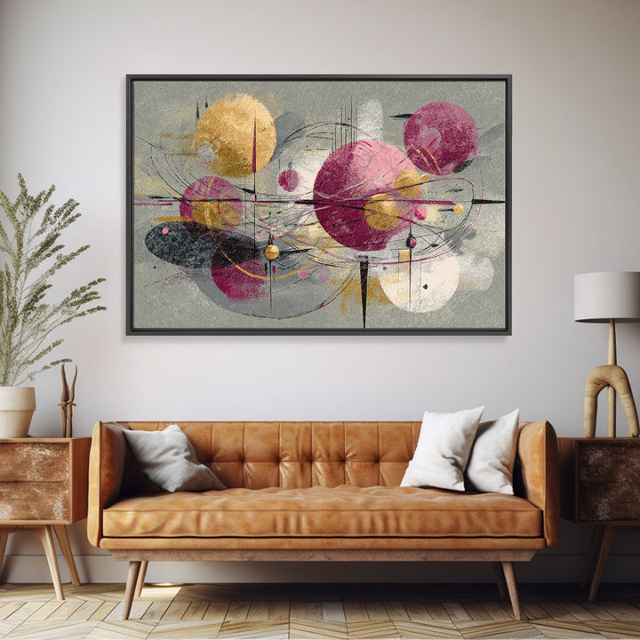 Magenta Gold Atomic Orbits Abstract Wall Art, Midcentury Modern Art Print, Retro Geometric Decor, Bold MCM Wall Decor Prints