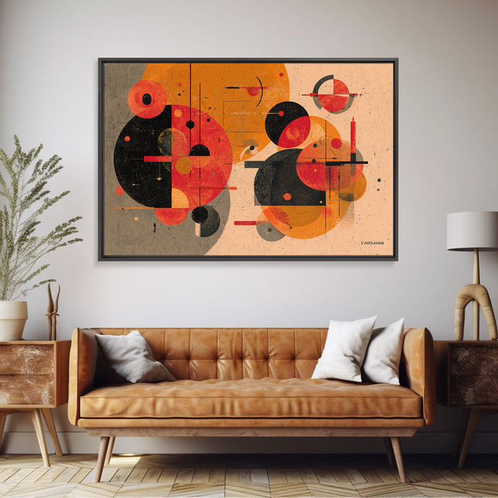 Orange Black Geometric Circles Canvas Print, Midcentury Modern Art, Atomic Retro Poster, Abstract Wall Decor For Living Room