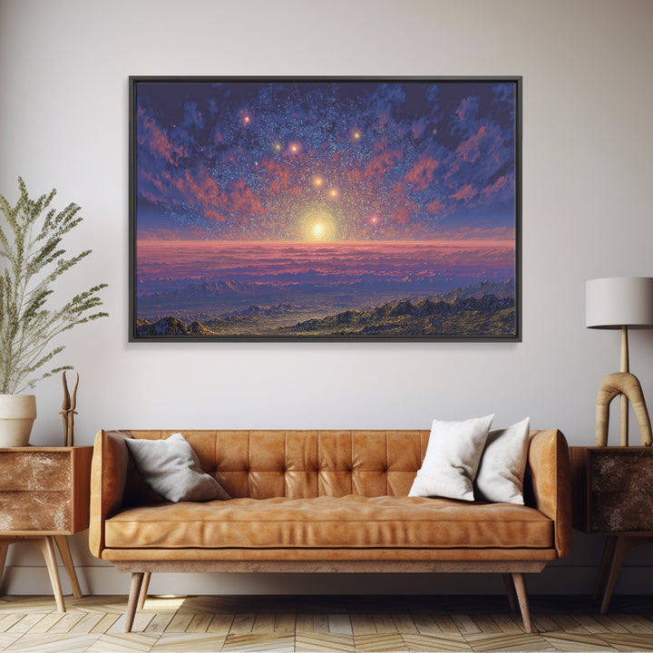 Starry Mountain Sunrise Canvas Print, Scenic Space Abstract Art, Blue Pink Landscape Wall Decor, Modern Home Art Poster Gift