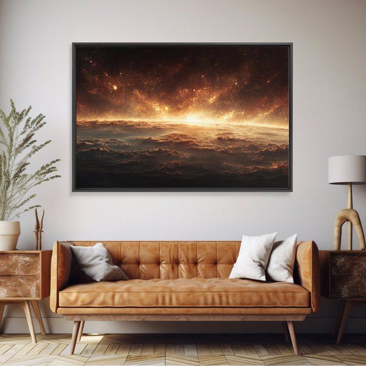 Golden Cosmic Horizon Framed Canvas Print, Space Abstract Art, Starry Cloudscape Wall Decor, Modern Wall Art For Bedroom