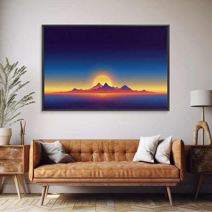 Minimal Island Sunrise Canvas Print, Retro Sunset Poster, Blue Yellow Ocean Landscape Wall Decor, Modern Home Art Gift Print