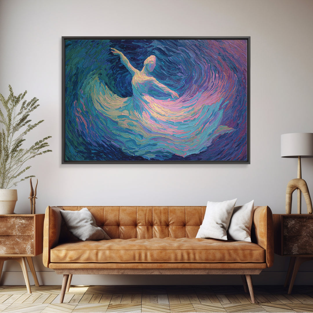 Swirling Ballerina Dancer Framed Canvas Print, Blue Purple Impressionist Wall Art, Romantic Fine Art For Bedroom Decor Gift