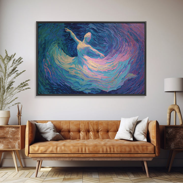 Swirling Ballerina Dancer Framed Canvas Print, Blue Purple Impressionist Wall Art, Romantic Fine Art For Bedroom Decor Gift