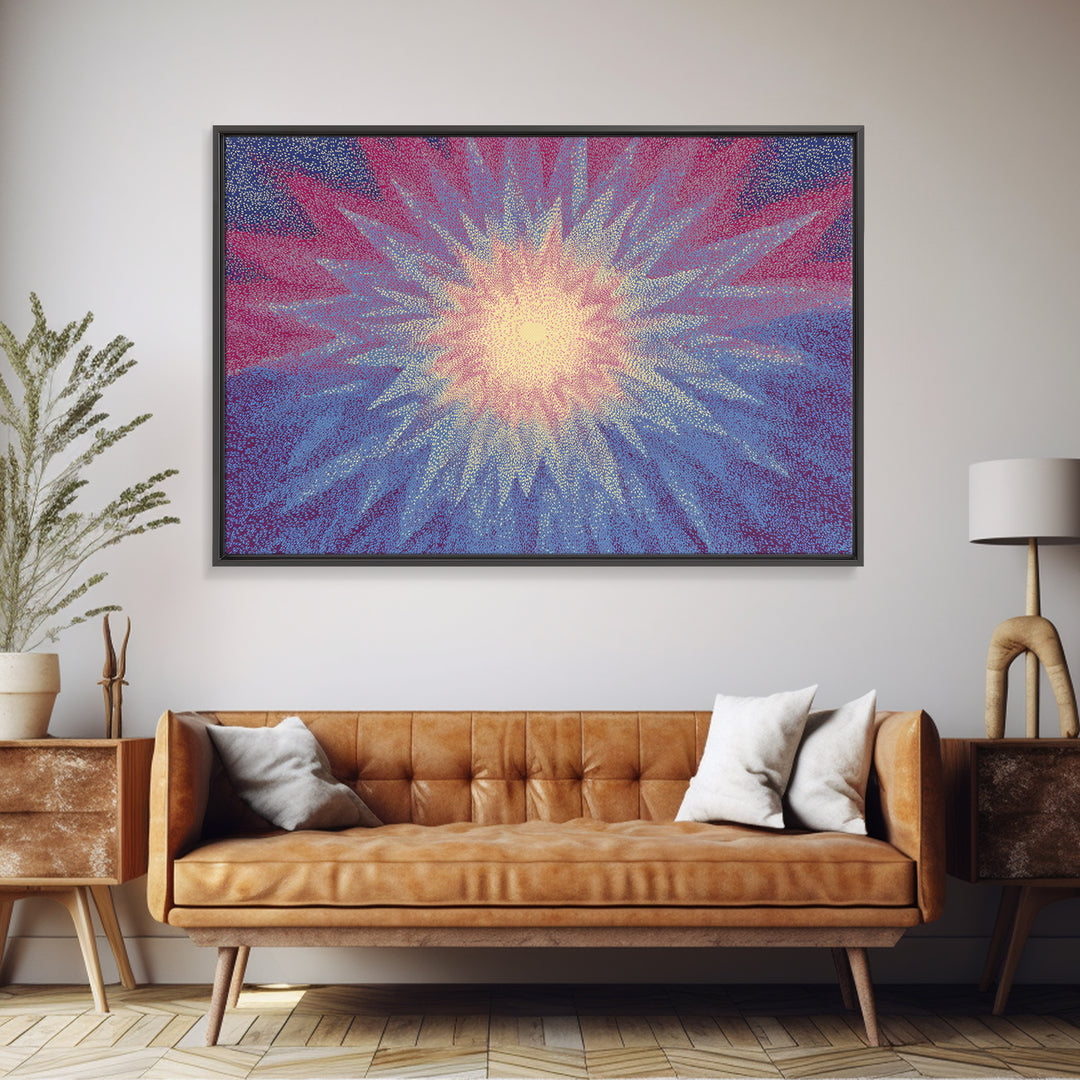 Pink And Blue Radiant Starburst Wall Art, Midcentury Modern Abstract Sun Print, Psychedelic Pointillism Decor Poster For Bedroom