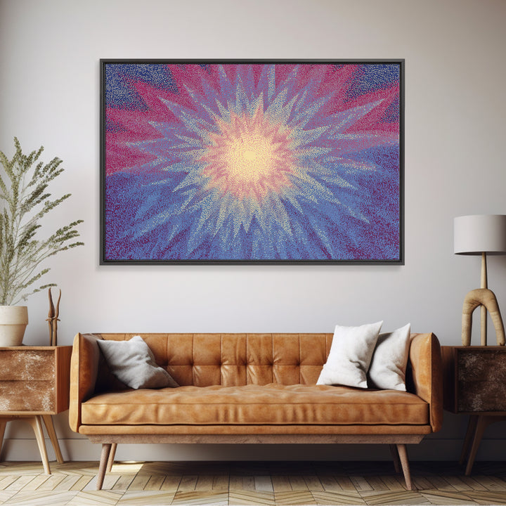 Pink And Blue Radiant Starburst Wall Art, Midcentury Modern Abstract Sun Print, Psychedelic Pointillism Decor Poster For Bedroom