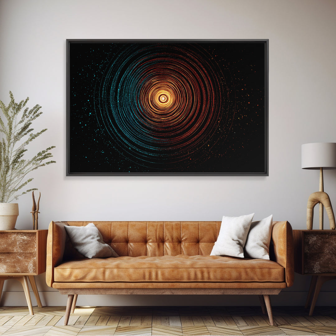 Glowing Orange Teal Concentric Rings Wall Art, Modern Abstract Art Print, Cosmic Retro Geometric Decor For Bedroom Office