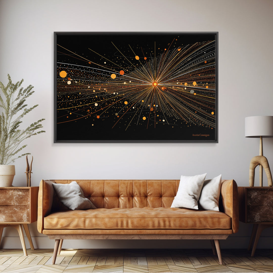 Golden Starburst Lines And Dots Canvas Print, Modern Abstract Art, Atomic Retro Wall Art Decor For Living Room Home Office