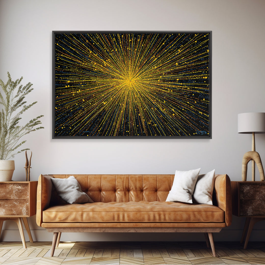Radiant Yellow Dotted Starburst Canvas Print, Modern Abstract Art, Cosmic Retro Wall Art, Bold Geometric Decor For Home Office