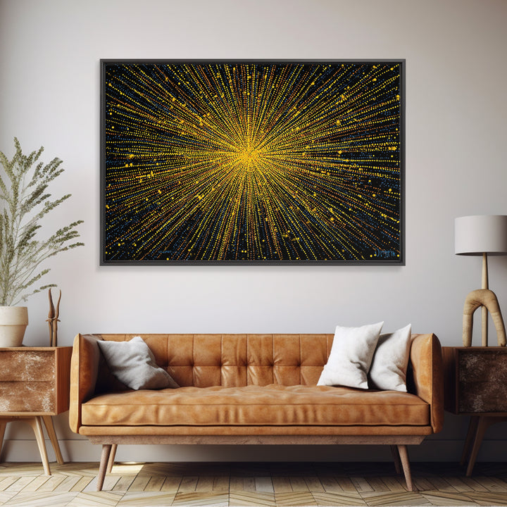 Radiant Yellow Dotted Starburst Canvas Print, Modern Abstract Art, Cosmic Retro Wall Art, Bold Geometric Decor For Home Office