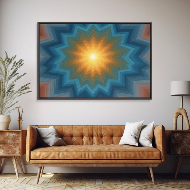 Teal And Orange Geometric Mandala Starburst Canvas Print, Midcentury Modern Wall Art, Atomic MCM Home Decor For Living Room