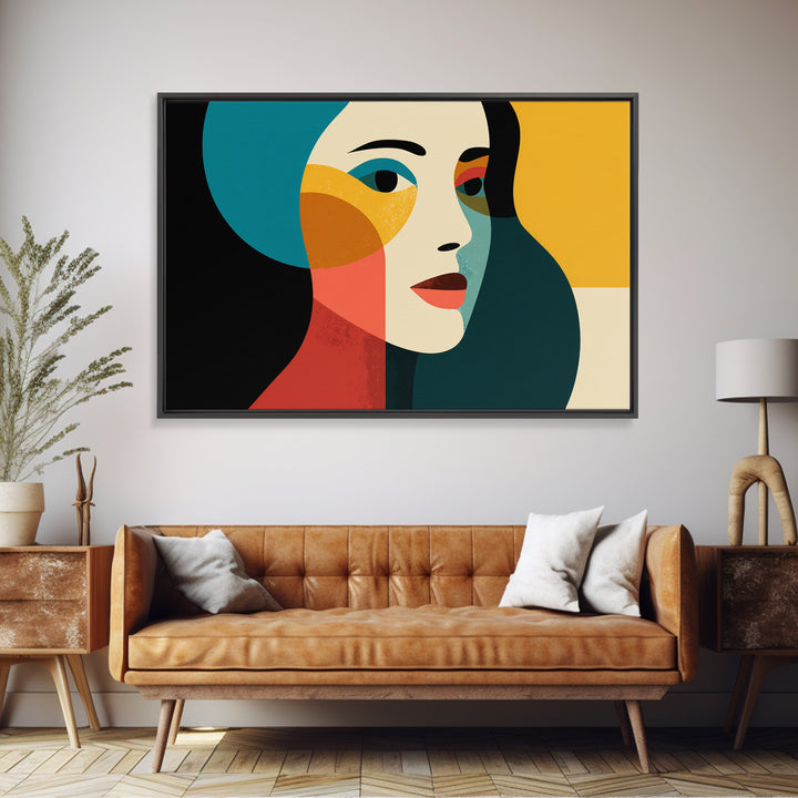 Geometric Minimal Woman Portrait Canvas Print, Midcentury Modern Wall Decor, Teal Orange Abstract Art, Retro MCM Home Decor