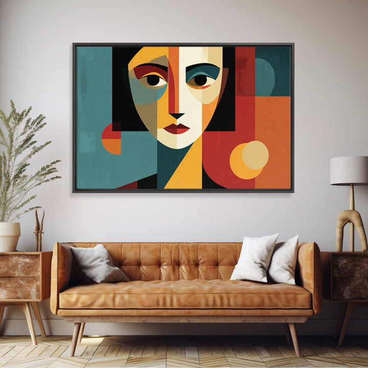 Cubist Geometric Woman Face Framed Canvas Print, Midcentury Modern Art, Bauhaus Poster, Color Block Living Room Wall Decor