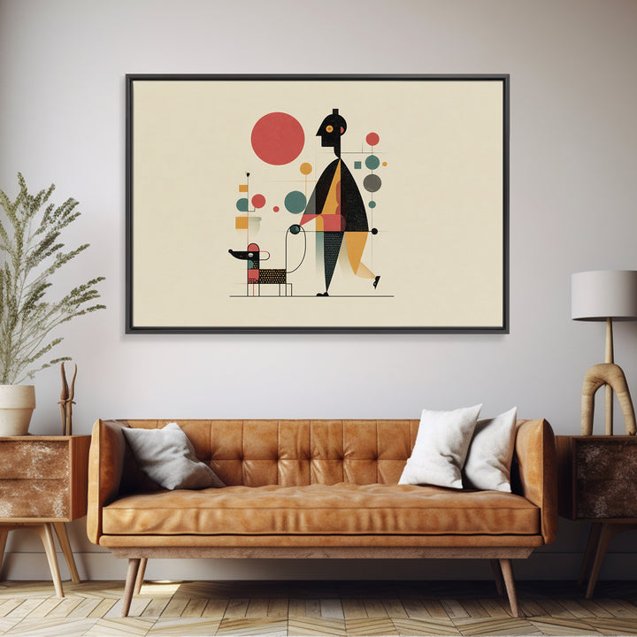 Whimsical Abstract Figure With Dog Canvas Print, Midcentury Modern Wall Art, Atomic Circles, Retro MCM Nursery Office Decor