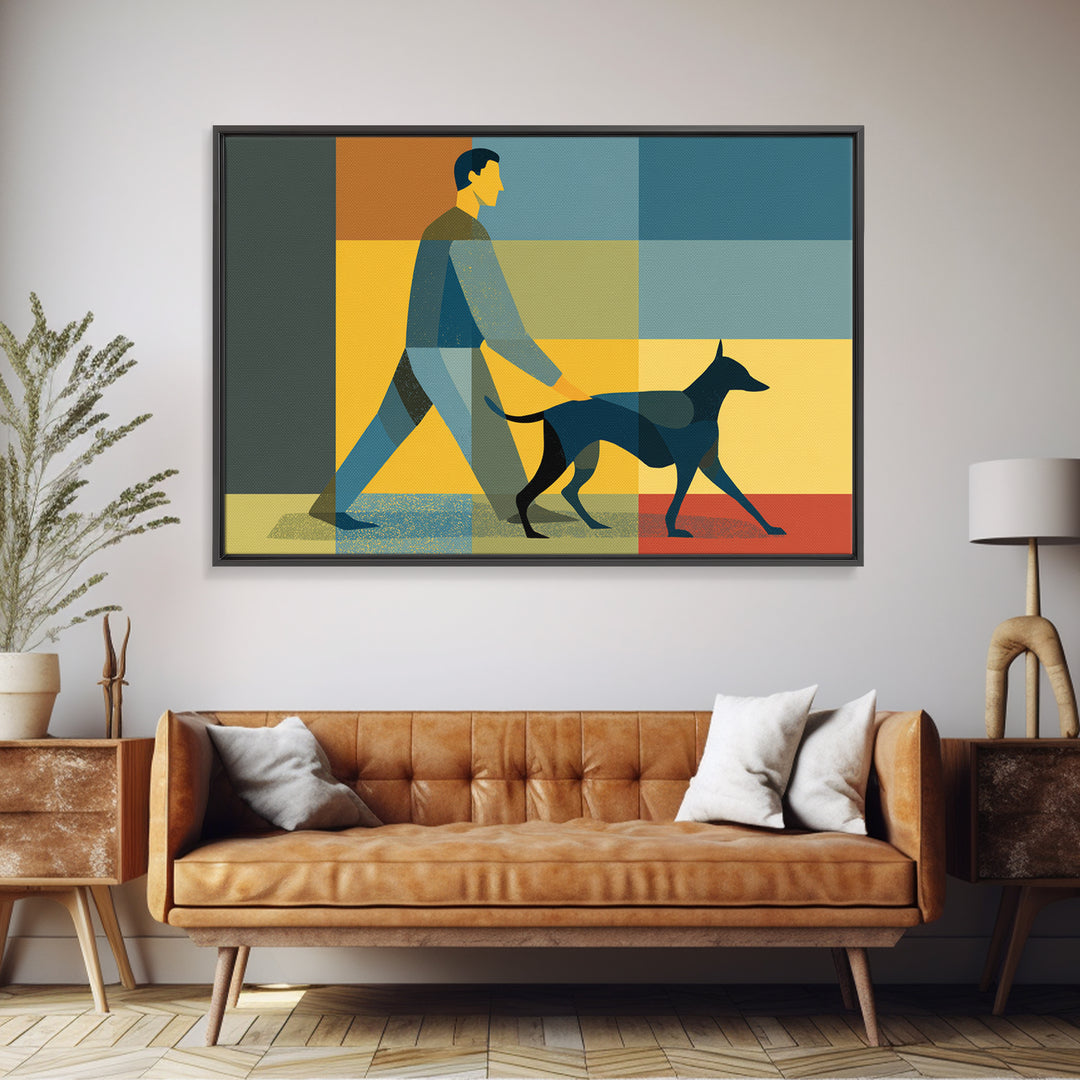 Man Walking Dog Color Block Wall Art, Midcentury Modern Print, Retro Geometric Poster, Blue Yellow Living Room Home Decor