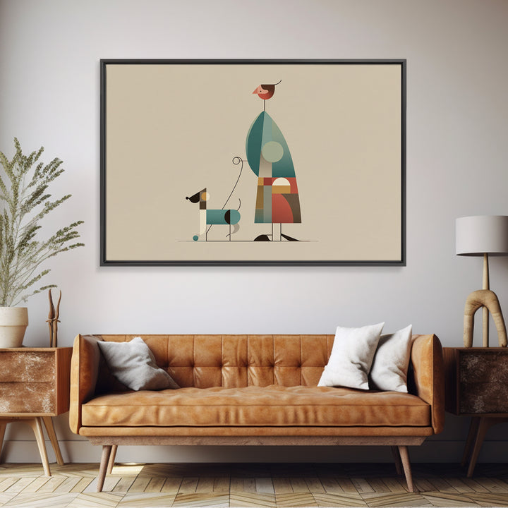 Minimalist Woman Walking Dog Canvas Print, Midcentury Modern Art, Scandinavian Retro Decor, Neutral Beige Gallery Wall Art