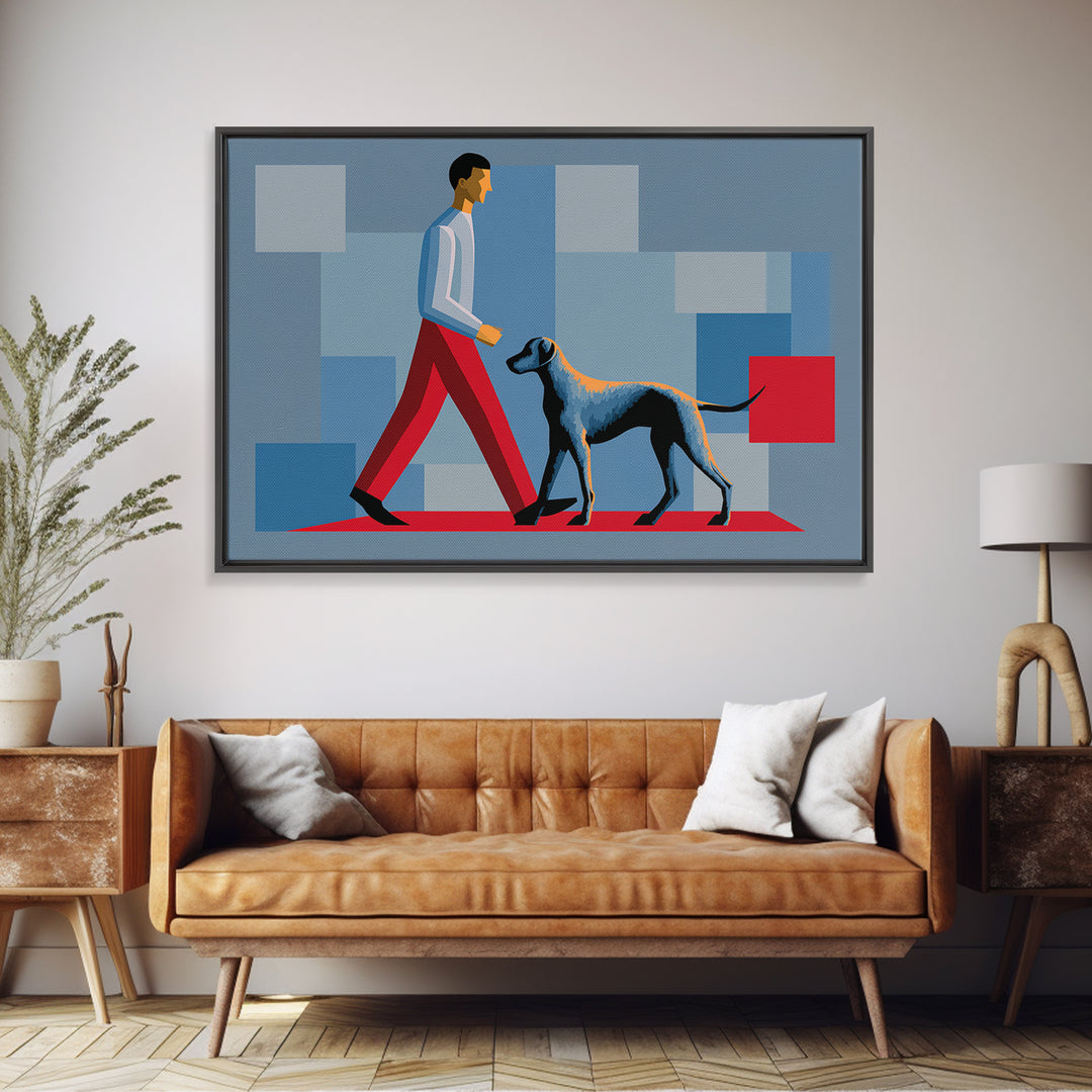 Stylish Man Walking Grey Dog Wall Art, Midcentury Modern Canvas Print, Blue Red Geometric Decor, Masculine Office Artwork