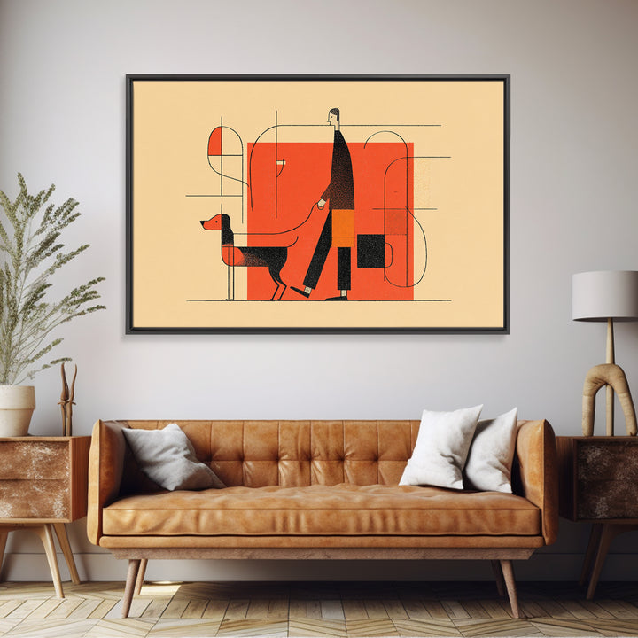 Linear Orange Dog Walker Wall Art, Midcentury Modern Abstract Print, Minimalist Geometric Poster, Retro Entryway Home Decor Gift