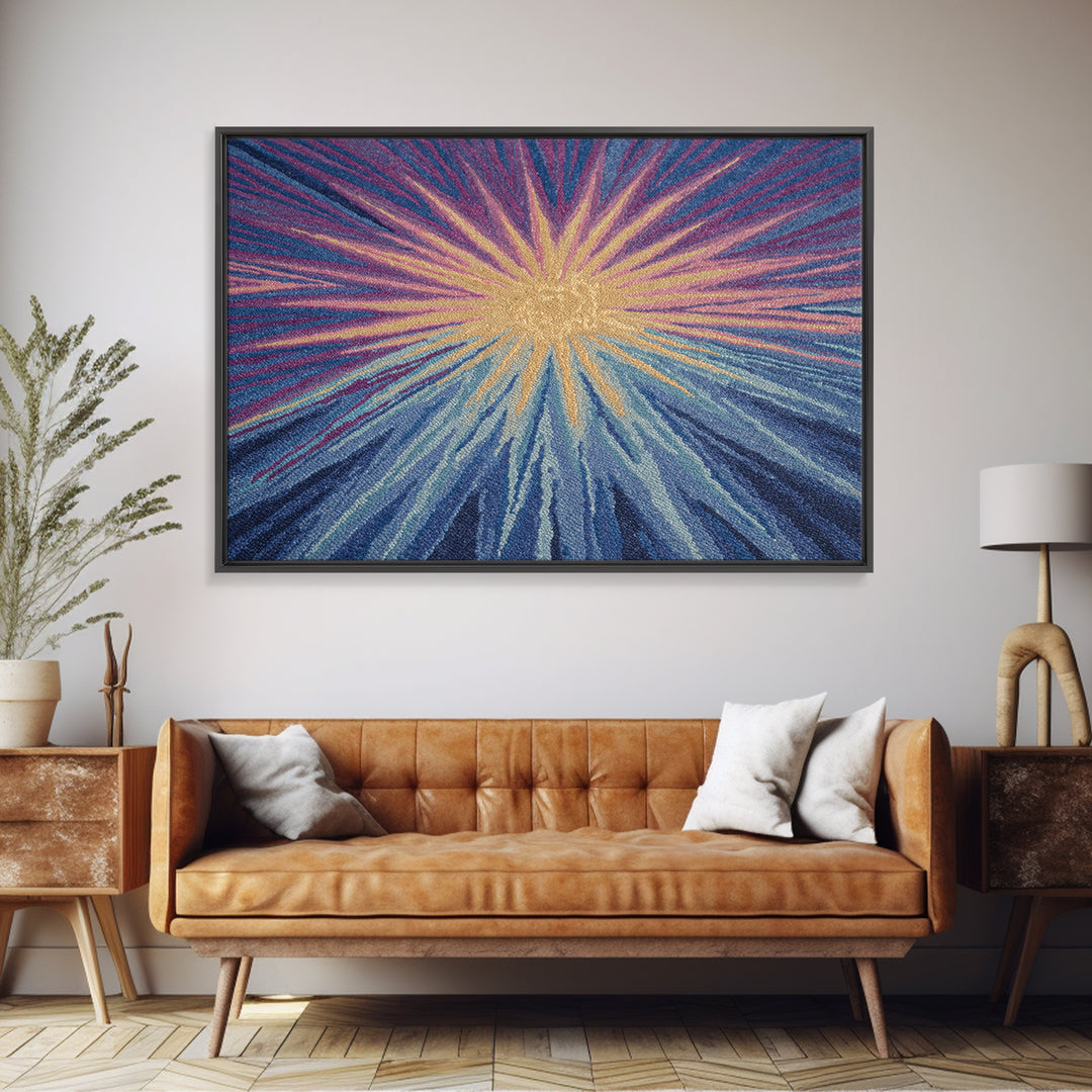 Blue Purple And Gold Radiant Sunburst Framed Canvas Print, Midcentury Modern Abstract Art, Textured Statement Wall Decor