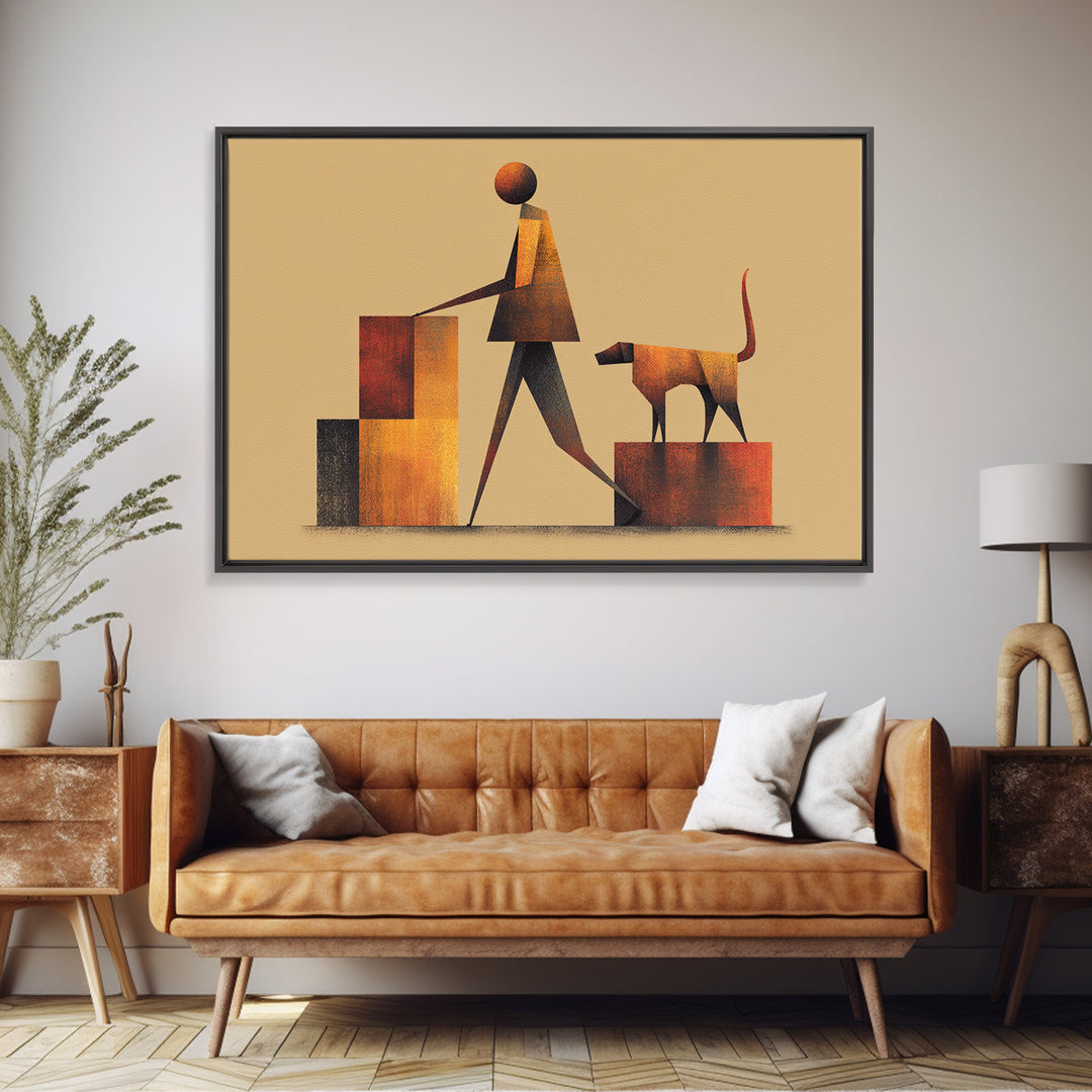 Stylized Figure With Dog On Steps Canvas Print, Midcentury Modern Wall Art, Warm Orange Brown Geometric Home Office Decor