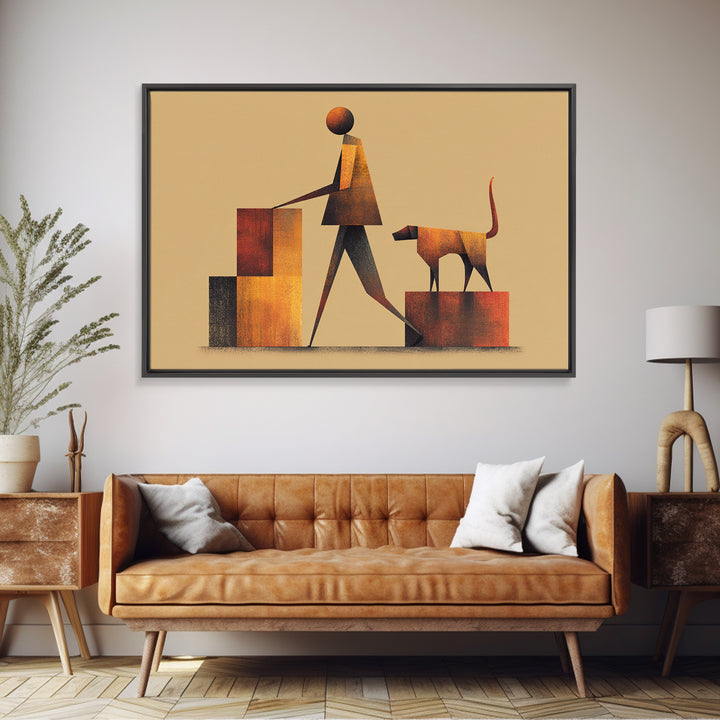 Stylized Figure With Dog On Steps Canvas Print, Midcentury Modern Wall Art, Warm Orange Brown Geometric Home Office Decor
